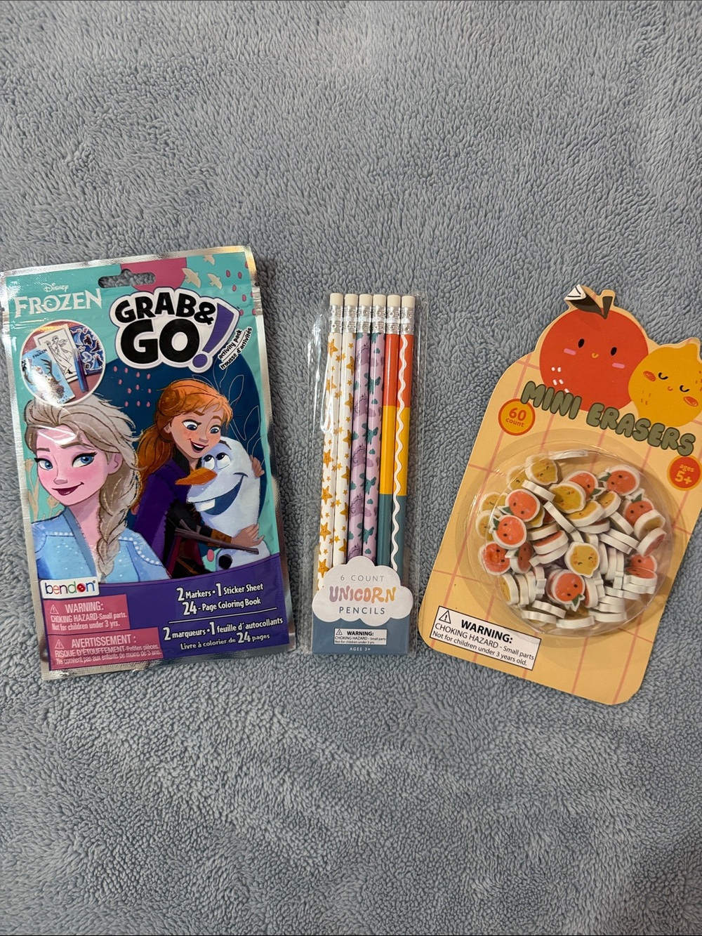 Bundle of Disney Frozen Grab & Go Activity Pack,Unicorn Pencils,Mini Erasers-New